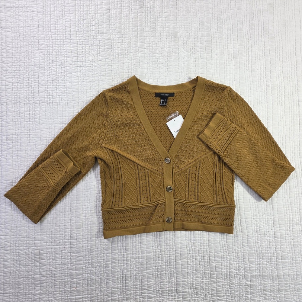 Forever 21 Mustard Yellow Pointelle Cable Knit Cropped Cardigan Sweater NWT L